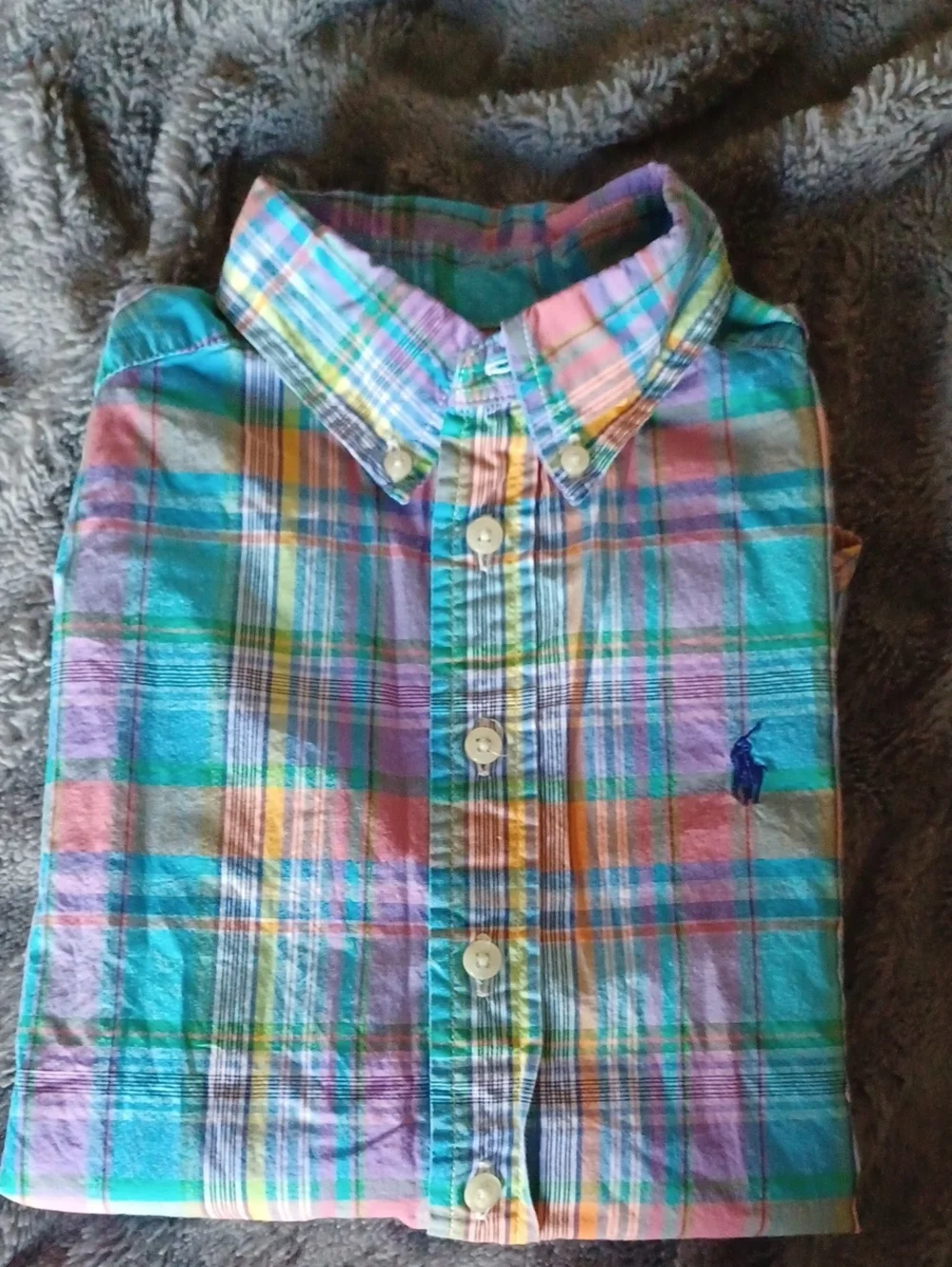 Ralph Lauren Kid's Plaid Button-Down Shirt - Teal, Pink, Orange. Size S(8)